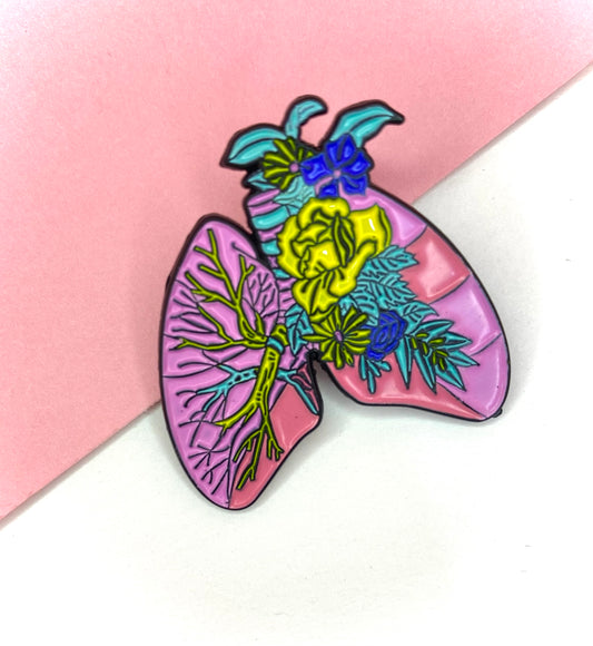 Floral pink lungs enamel pin